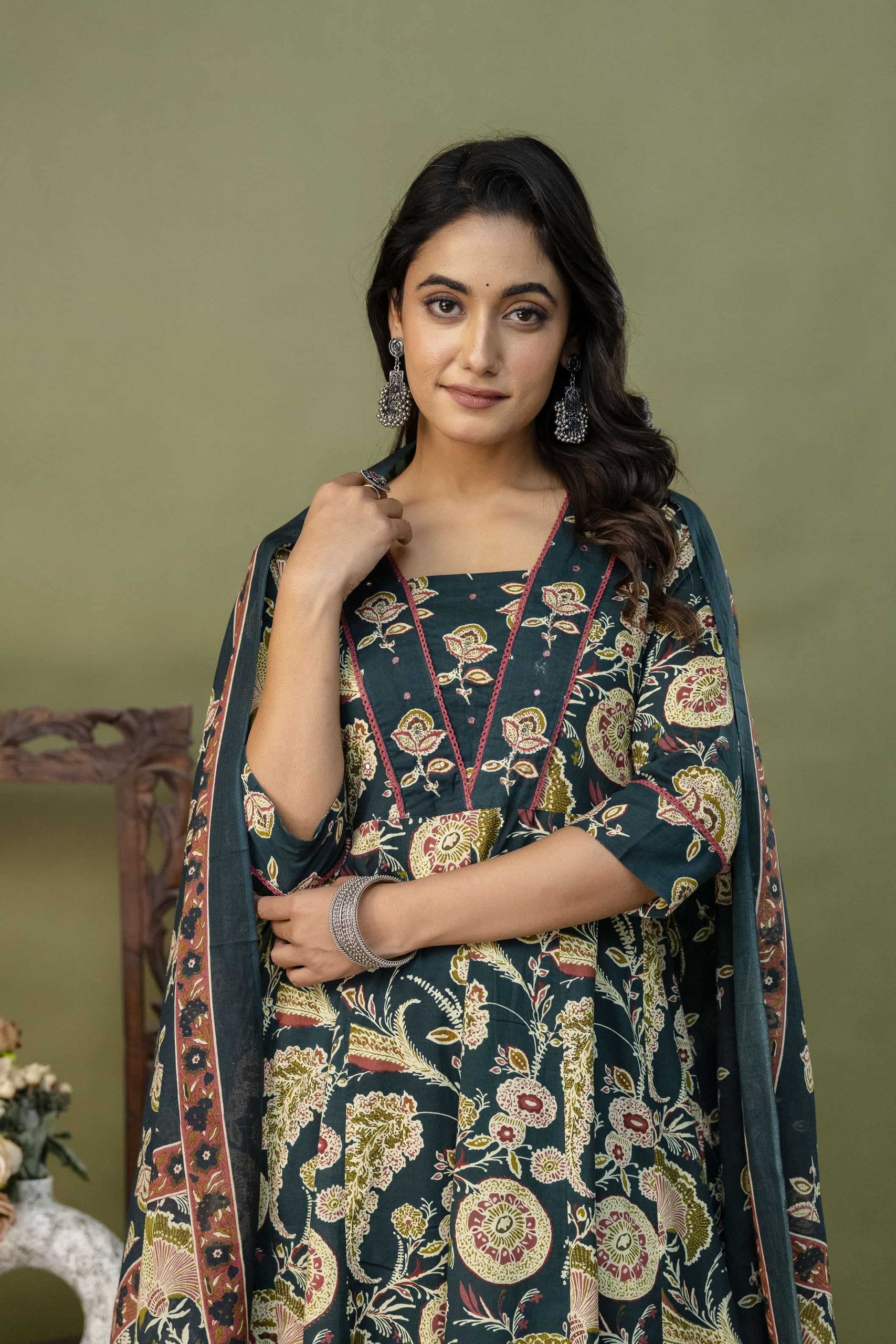 PURE COTTON LONG ANARKALI KURTI PANT DUPATTA SET