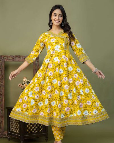 PURE COTTON LONG ANARKALI KURTI PANT DUPATTA SET