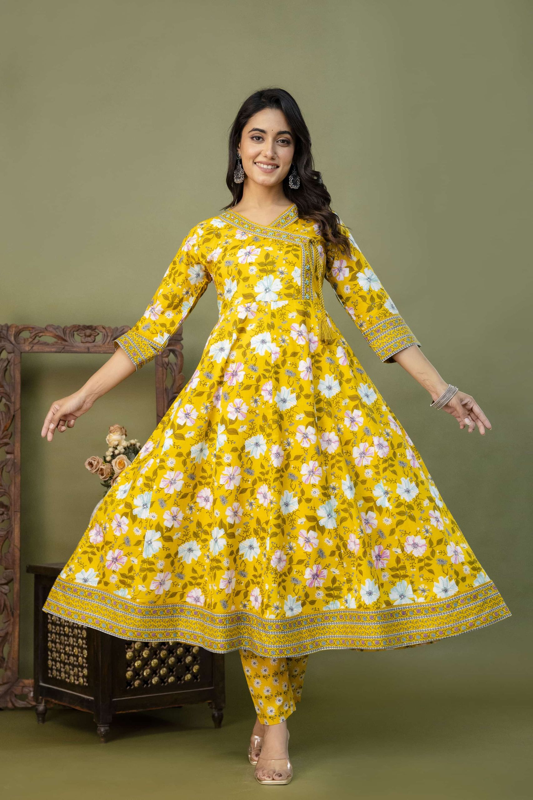 PURE COTTON LONG ANARKALI KURTI PANT DUPATTA SET