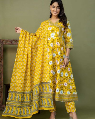 PURE COTTON LONG ANARKALI KURTI PANT DUPATTA SET