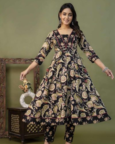 PURE COTTON LONG ANARKALI KURTI PANT DUPATTA SET