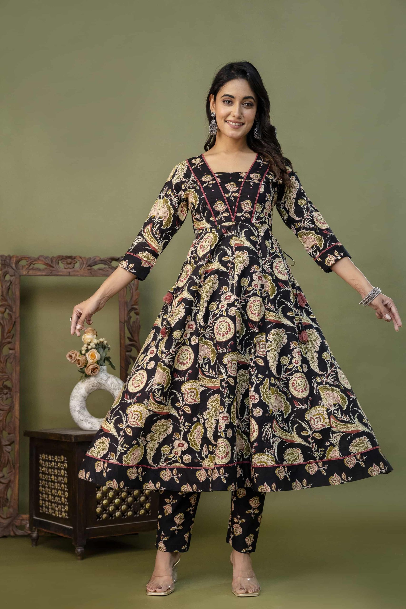 PURE COTTON LONG ANARKALI KURTI PANT DUPATTA SET