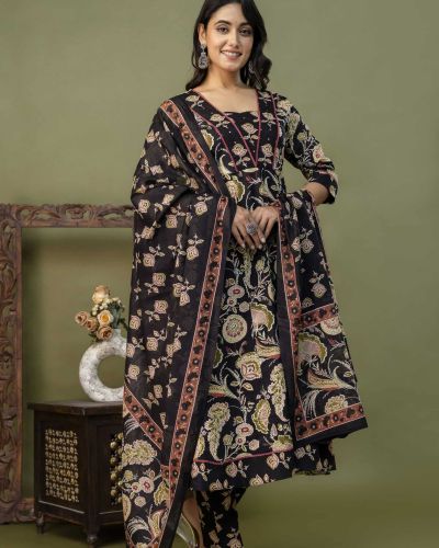 PURE COTTON LONG ANARKALI KURTI PANT DUPATTA SET