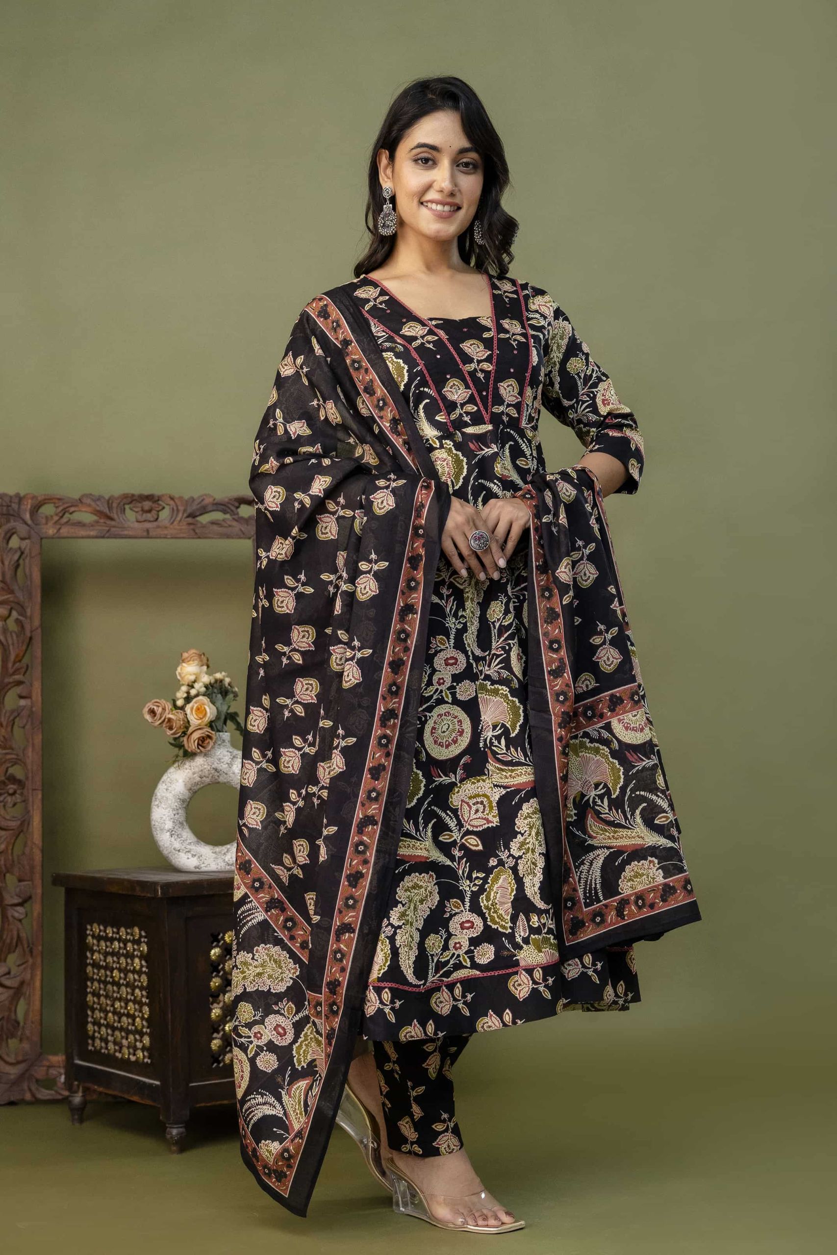 PURE COTTON LONG ANARKALI KURTI PANT DUPATTA SET