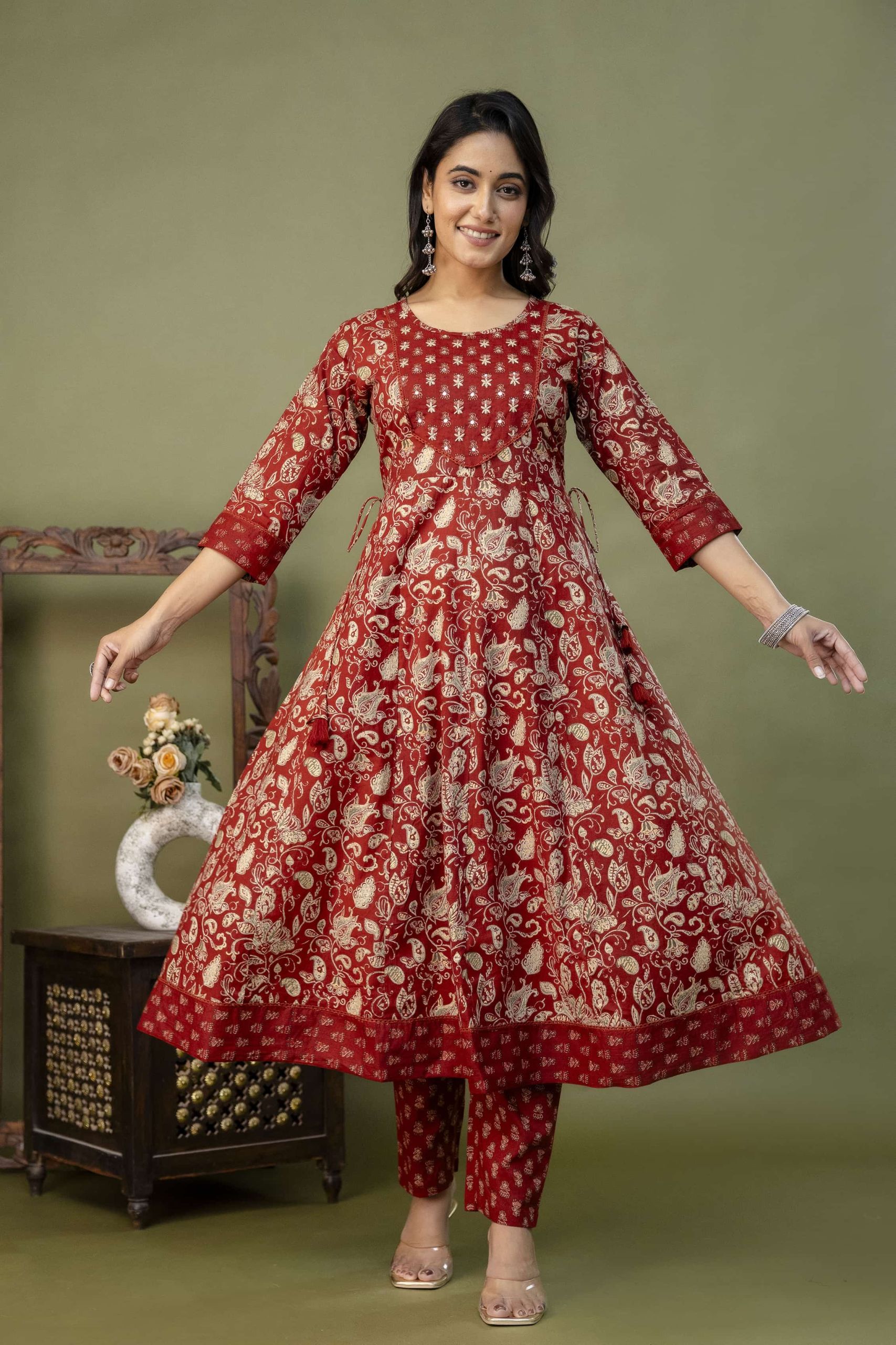 PURE COTTON LONG ANARKALI KURTI PANT DUPATTA SET