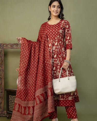 PURE COTTON LONG ANARKALI KURTI PANT DUPATTA SET