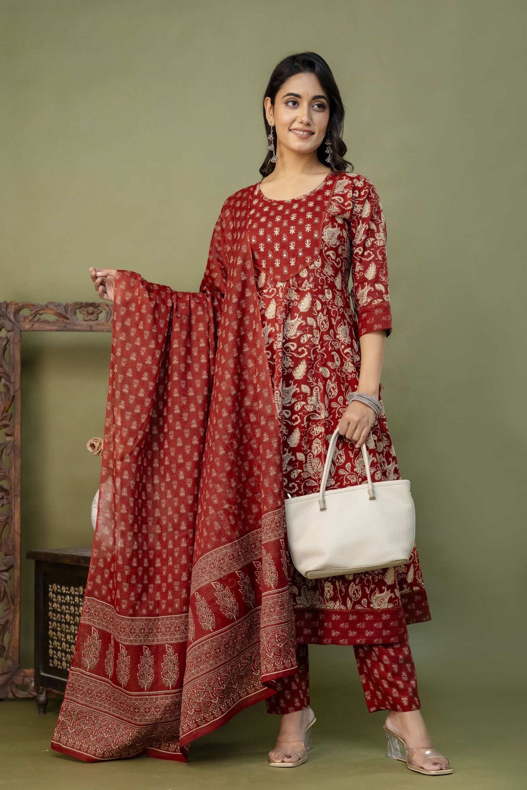 PURE COTTON LONG ANARKALI KURTI PANT DUPATTA SET