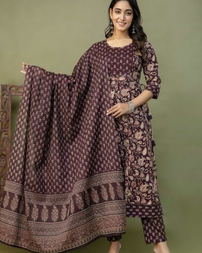 PURE COTTON LONG ANARKALI KURTI PANT DUPATTA SET