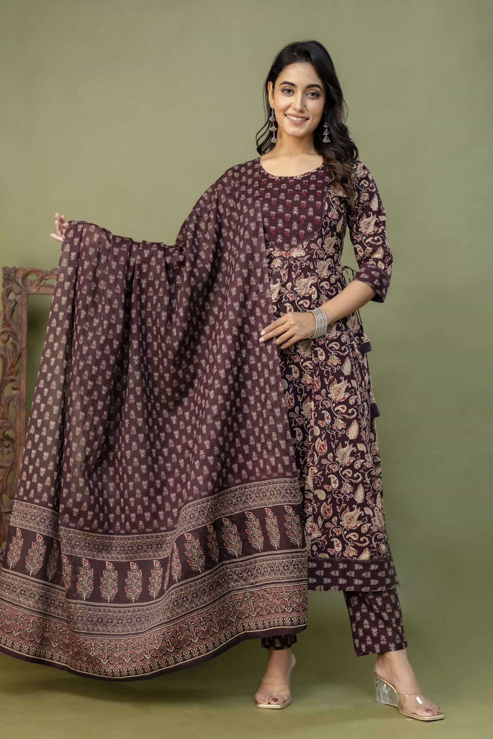 PURE COTTON LONG ANARKALI KURTI PANT DUPATTA SET