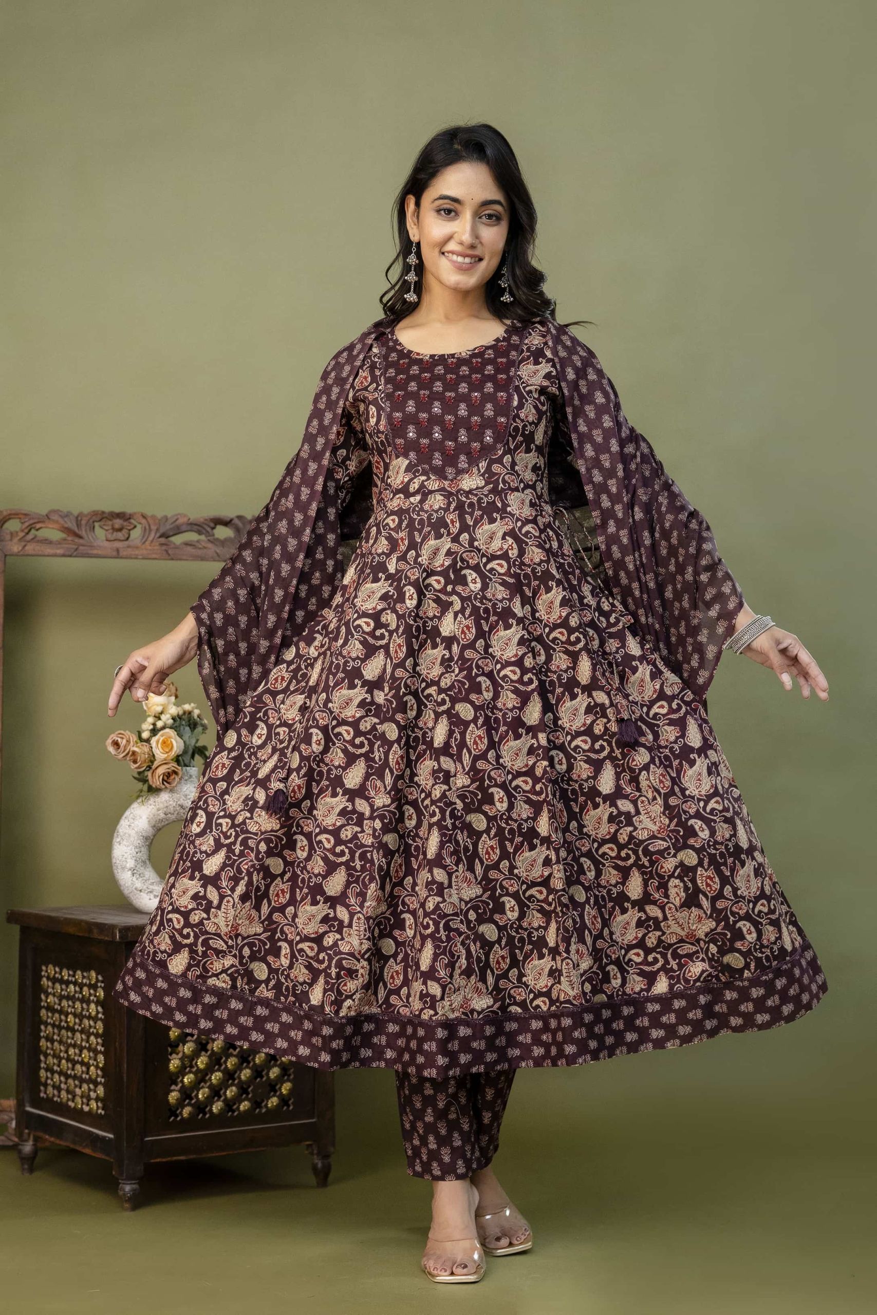 PURE COTTON LONG ANARKALI KURTI PANT DUPATTA SET