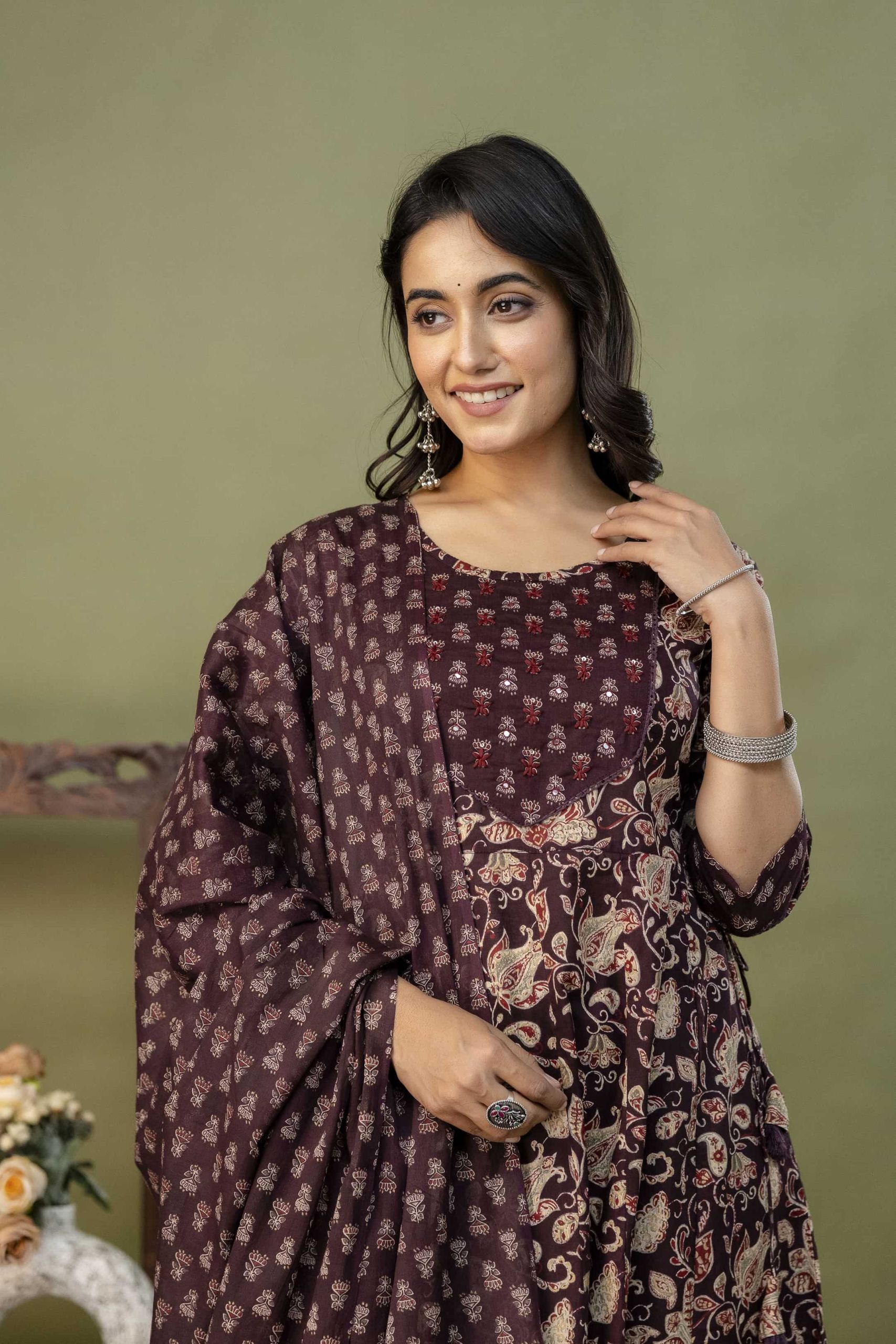 PURE COTTON LONG ANARKALI KURTI PANT DUPATTA SET