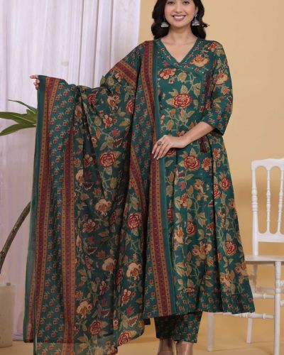 PURE COTTON LONG ANARKALI KURTI PANT DUPATTA SET