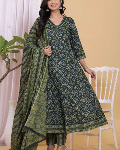 PURE COTTON LONG ANARKALI KURTI PANT DUPATTA SET