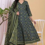 PURE COTTON LONG ANARKALI KURTI PANT DUPATTA SET