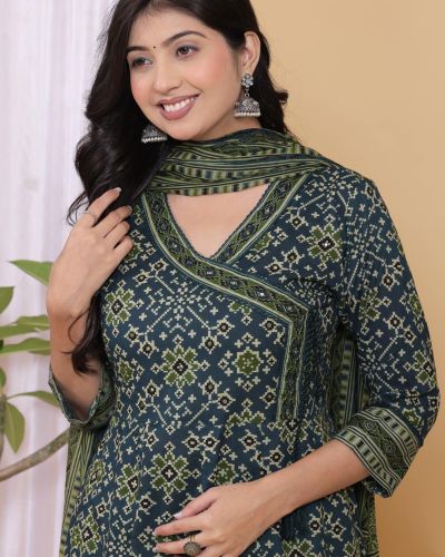 PURE COTTON LONG ANARKALI KURTI PANT DUPATTA SET