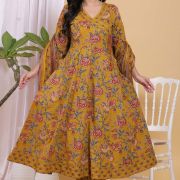 PURE COTTON LONG ANARKALI KURTI PANT DUPATTA SET