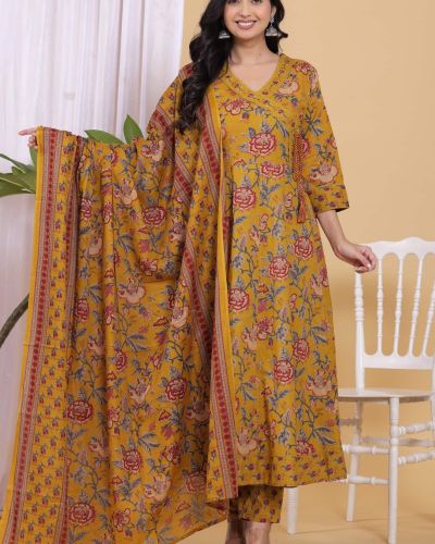 PURE COTTON LONG ANARKALI KURTI PANT DUPATTA SET