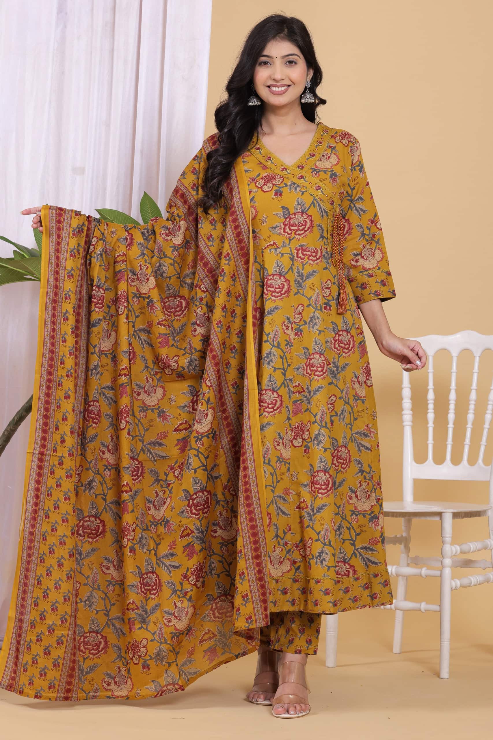 PURE COTTON LONG ANARKALI KURTI PANT DUPATTA SET