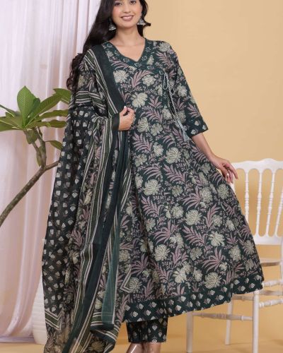 PURE COTTON LONG ANARKALI KURTI PANT DUPATTA SET