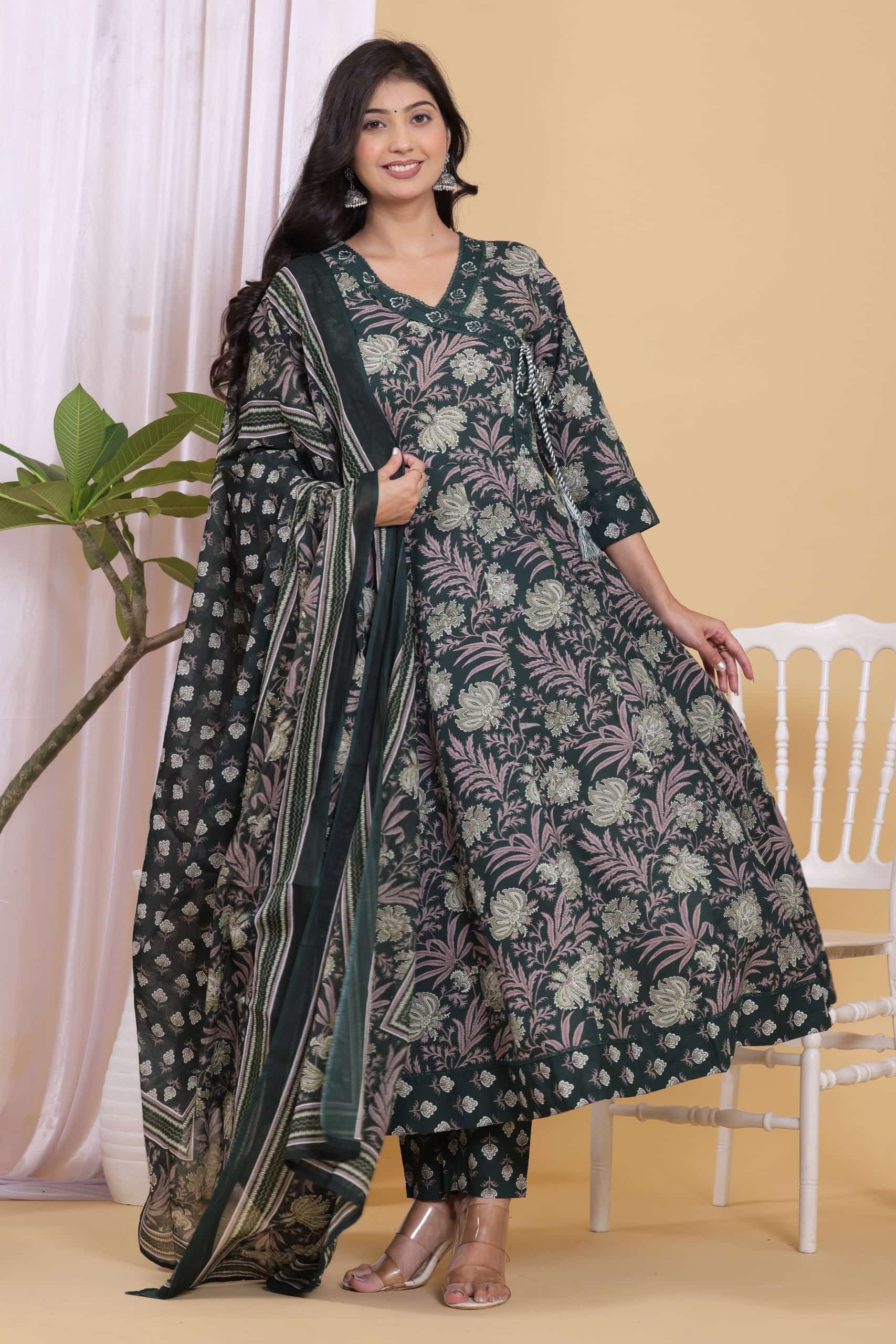 PURE COTTON LONG ANARKALI KURTI PANT DUPATTA SET
