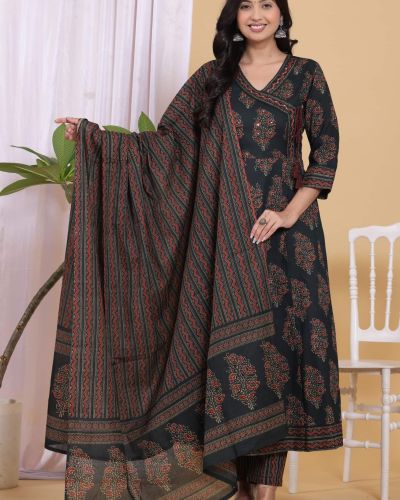 PURE COTTON LONG ANARKALI KURTI PANT DUPATTA SET