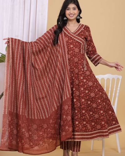 PURE COTTON LONG ANARKALI KURTI PANT DUPATTA SET