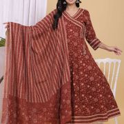 PURE COTTON LONG ANARKALI KURTI PANT DUPATTA SET