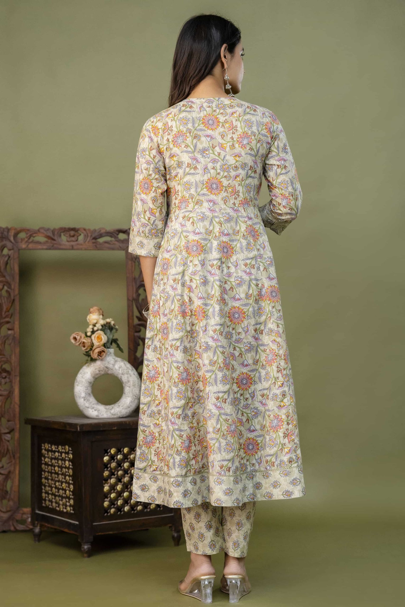 PURE COTTON LONG ANARKALI KURTI PANT DUPATTA SET