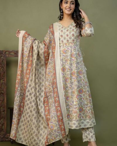 PURE COTTON LONG ANARKALI KURTI PANT DUPATTA SET