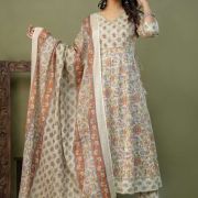 PURE COTTON LONG ANARKALI KURTI PANT DUPATTA SET