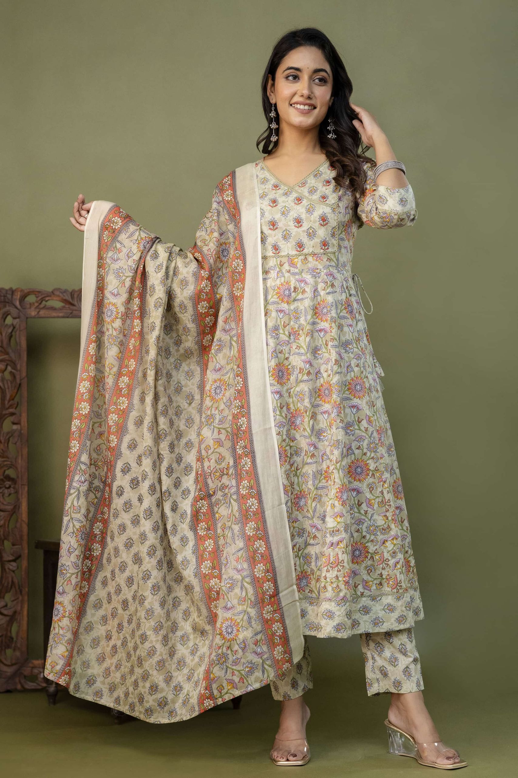 PURE COTTON LONG ANARKALI KURTI PANT DUPATTA SET