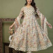 PURE COTTON LONG ANARKALI KURTI PANT DUPATTA SET