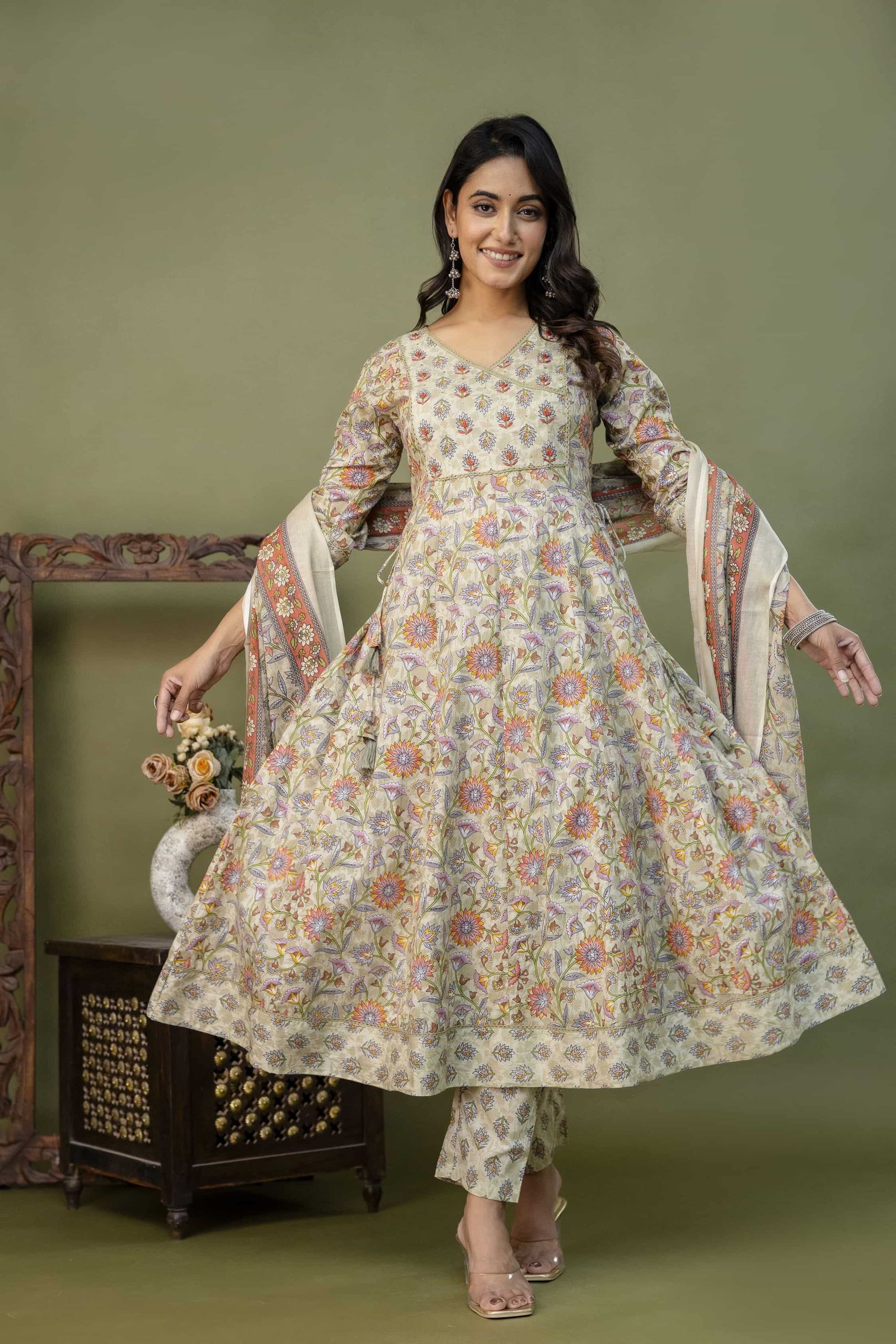 PURE COTTON LONG ANARKALI KURTI PANT DUPATTA SET