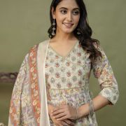 PURE COTTON LONG ANARKALI KURTI PANT DUPATTA SET