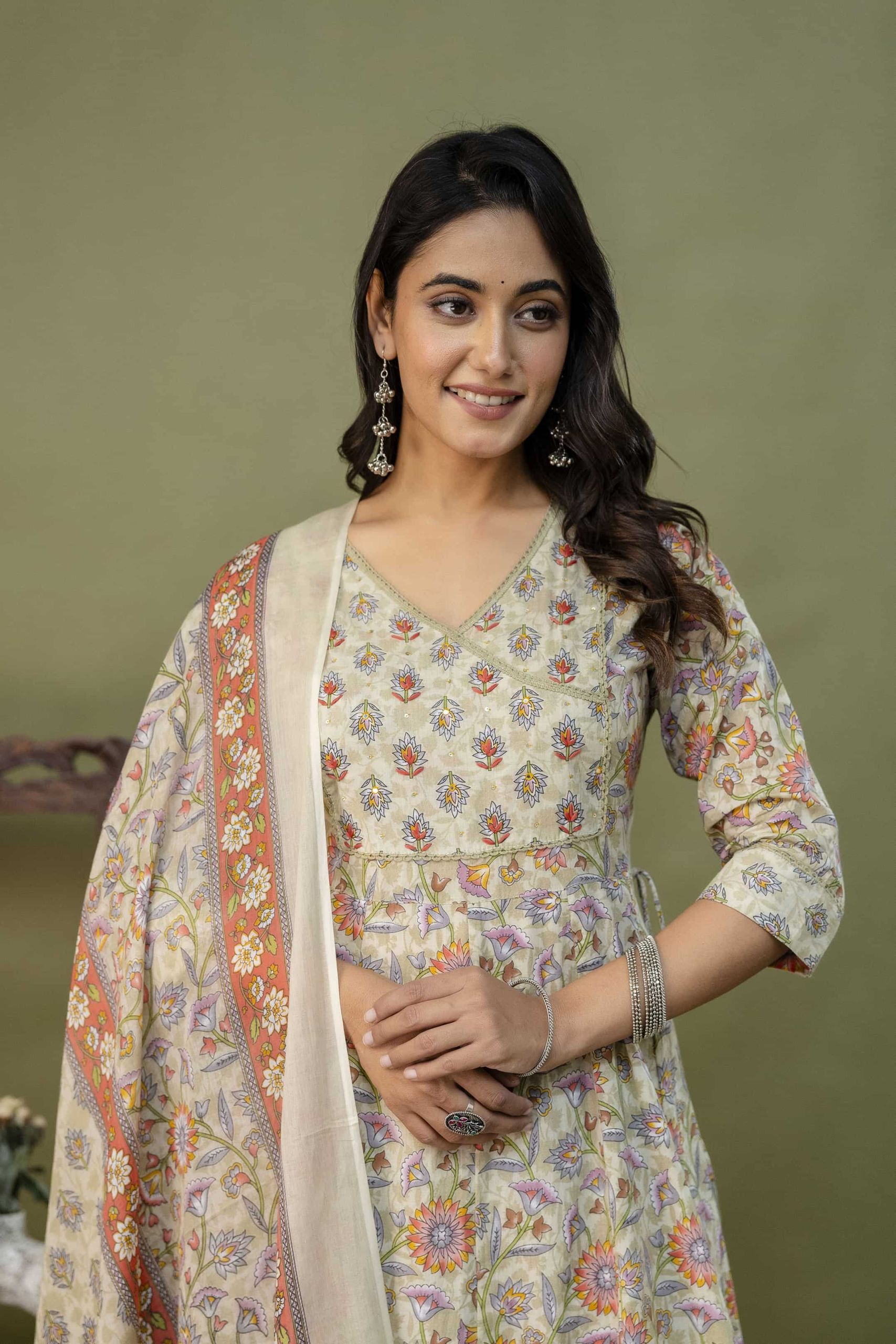 PURE COTTON LONG ANARKALI KURTI PANT DUPATTA SET