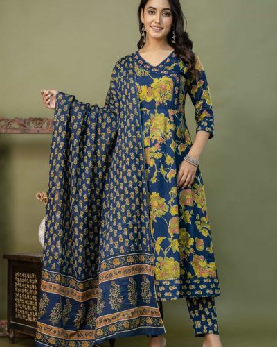 PURE COTTON LONG ANARKALI KURTI PANT DUPATTA SET