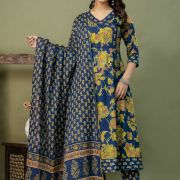 PURE COTTON LONG ANARKALI KURTI PANT DUPATTA SET