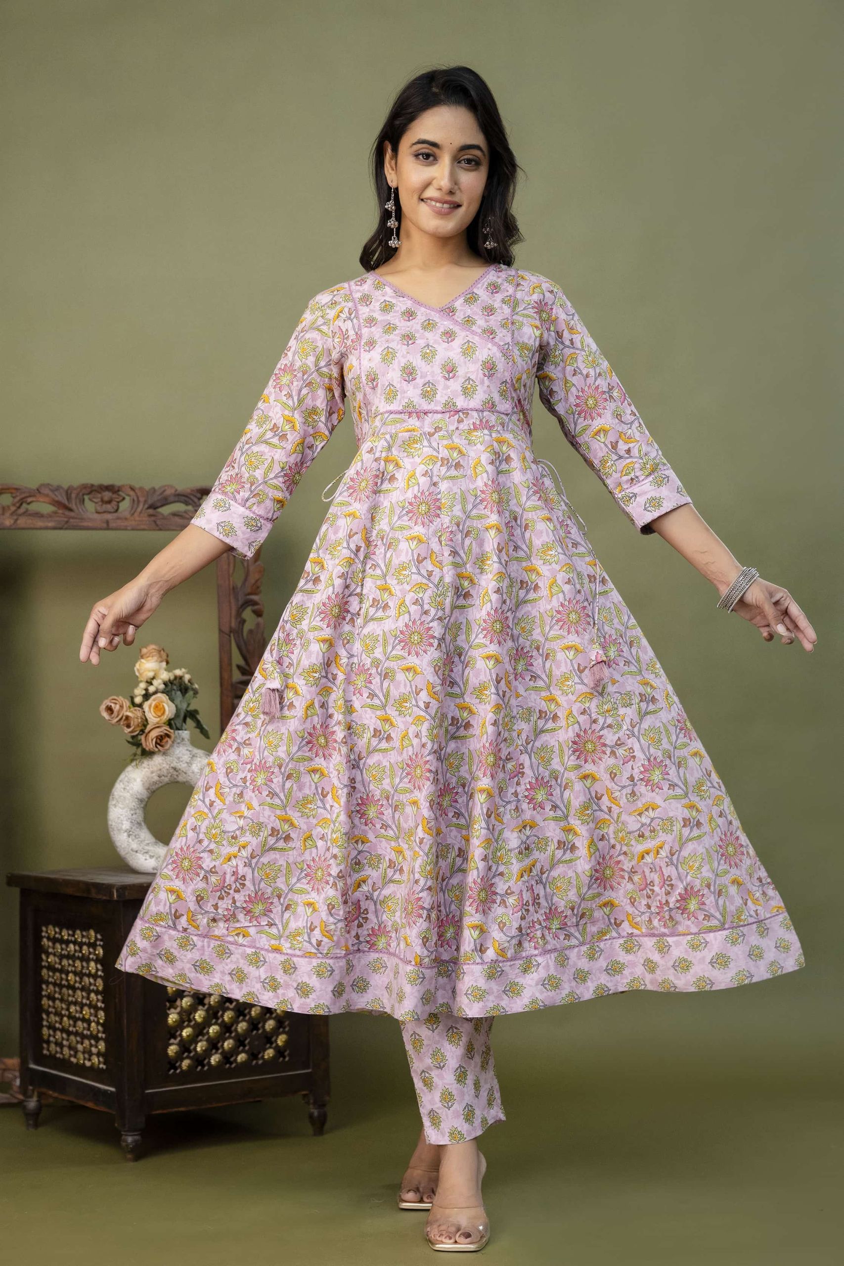 PURE COTTON LONG ANARKALI KURTI PANT DUPATTA SET