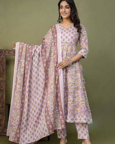 PURE COTTON LONG ANARKALI KURTI PANT DUPATTA SET