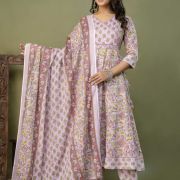 PURE COTTON LONG ANARKALI KURTI PANT DUPATTA SET