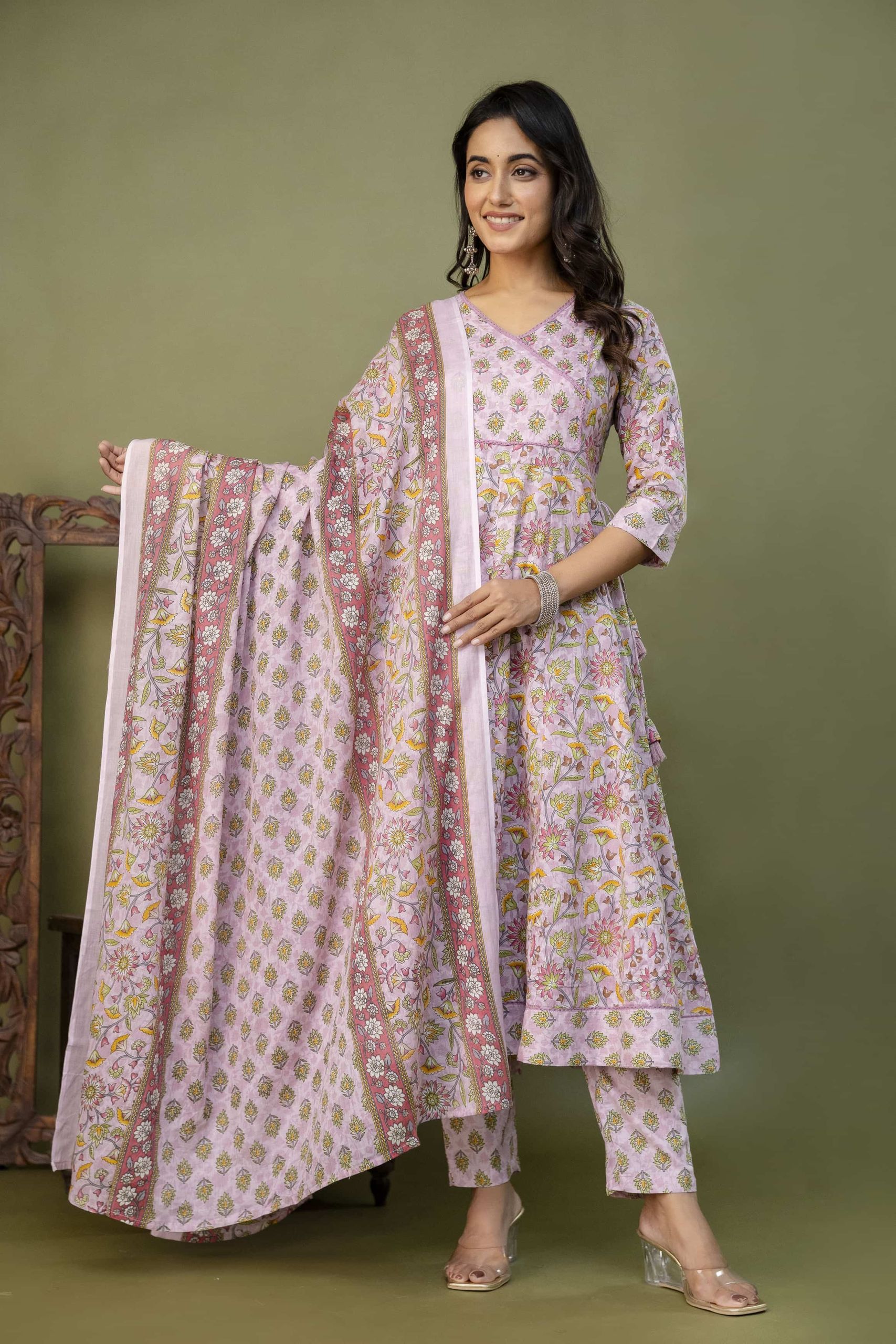 PURE COTTON LONG ANARKALI KURTI PANT DUPATTA SET