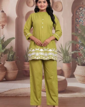 Stylish Embroidered Cotton Cambric Co-Ord Set with 2 Side Pockets