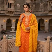 Traditional Leheriya Printed Pure Cambric Cotton Kurti Pant & Dupatta Set