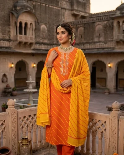 Traditional Leheriya Printed Pure Cambric Cotton Kurti Pant & Dupatta Set
