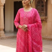 Traditional Leheriya Printed Pure Cambric Cotton Kurti Pant & Dupatta Set