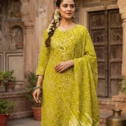 Traditional Leheriya Printed Pure Cambric Cotton Kurti Pant & Dupatta Set