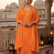 Traditional Leheriya Printed Pure Cambric Cotton Kurti Pant & Dupatta Set