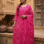Traditional Leheriya Printed Pure Cambric Cotton Kurti Pant & Dupatta Set