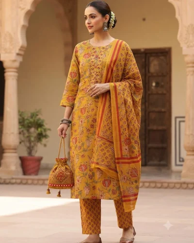 Floral Printed Pure Cotton Kurti Pant & Dupatta Set