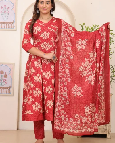 Floral Printed A-Line Kurta Pant Dupatta Set